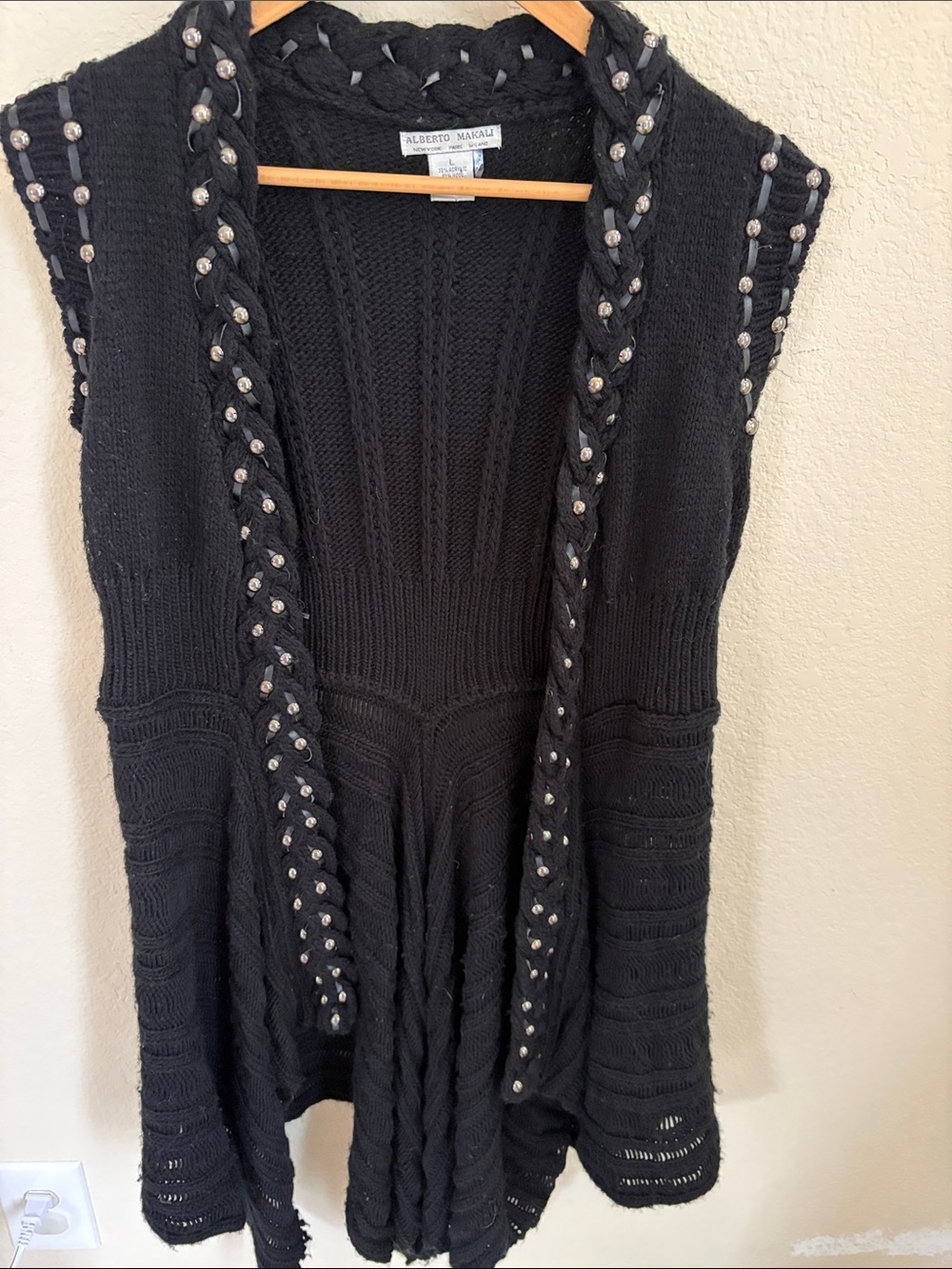 Alberto Makali Black Braided Open-Front Knit Vest with Stud Detail